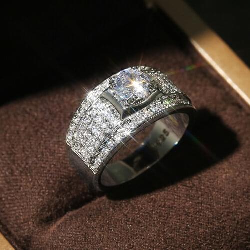 Luxury Pave Round Cubic Zircon Rings for Men Classic Wedding 925 Silver Ring Dazzling Male Accessories Jewelry Hot sall