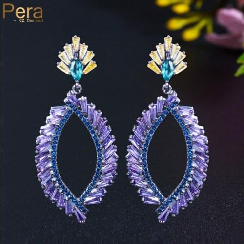 Pera Dazzling Irregular Purple CZ Stone Long Hollow Pendant Drop Earrings Birthday Anniversary Super Jewelry Gift for Women E806