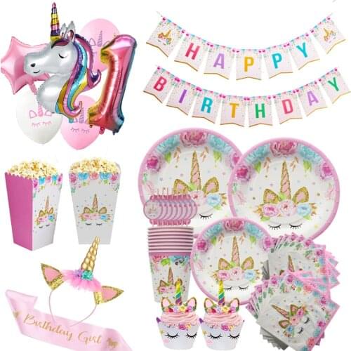 Girl 1st Birthday Party Decoration Unicorn Paper Plate Cup Disposable Tableware Unicorni Balloon Baby Shower Kids Birthday Party