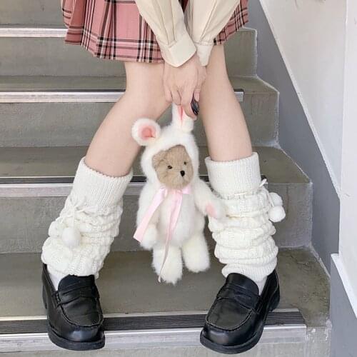 Uniform Cosplay Accessories Knitted Stock White Kawaii Leg Warmer for Women Winter Long Loose Boots Stockings Cute Boll Girl