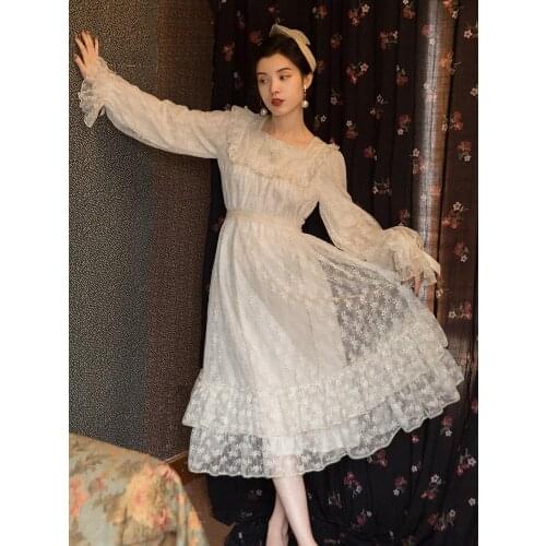 Vintage Girl Dress Women 2021 Spring New Romantic Lace Embroidery Vestido Ruffled Flared Sleeves Sweet Kawaii Princess Dress