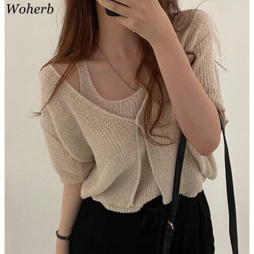 Woherb Women Two Piece Set Korean Chic Summer Hollow Out All-match Vest + Solid Loose Short Sleeve Knitted Cropped Cardigan
