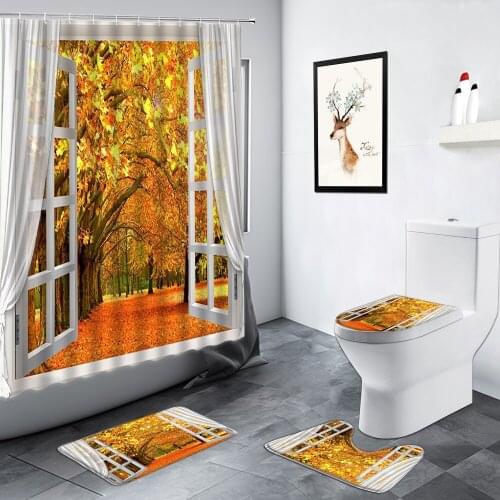 Autumn Forest Landscape Shower Curtain Trees Yellow Leaves Creative Window Scenery Bathroom Rug Anti-slip Mats Toilet Decor Set