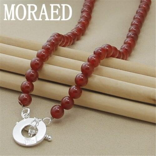 Pearl Necklace 925 Sterling Silver 8mm Red Agate Ball Round Necklace Women Trendy Wedding Engagement Jewelry Gift