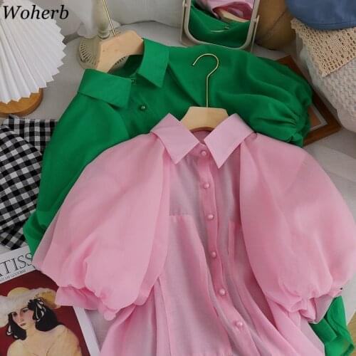 Woherb Puff Sleeve Blouse Women Button Up Shirts Korean Clothes Summer Vintage See Through Blusas Mujer Elegant Ladies Tops