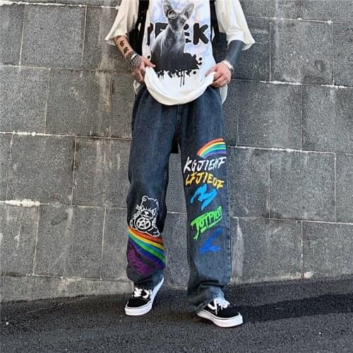2020 New Summer Autumn Casual Washed Jeans Woman Long Trousers Cowboy Female Loose Streetwear Rainbow Graffiti Print Pants Tide