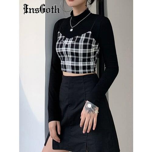 InsGoth Bodycon Partchwork 2PCS Tops Women Solid Black Long Sleeve And Plaid Camis Streetwear Punk Casual Crop Tops Autumn Tees
