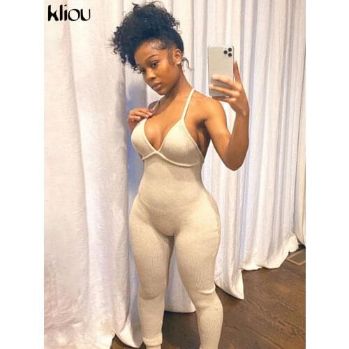 Kliou v-neck skinny sexy jumpsuit women summer hollow out partywear halter sleeveless streetwear outfit fitness backless