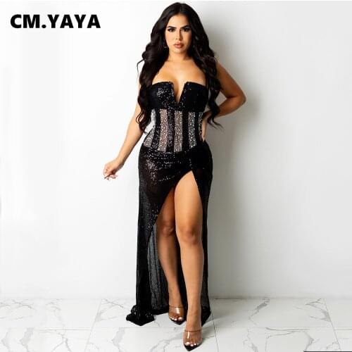 CM.YAYA Women Long Dress Mesh Sequins Diamonds Sleeveless Strap High Splited Maxi Dresses Sexy Night Party Vestidos Summer 2021
