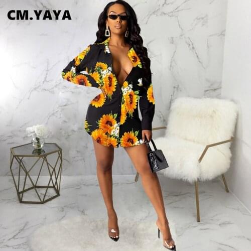 CM.YAYA Women Mini Dress Print Full Sleeve Turn-down Single Breasted Straight Loose Dresses Sexy Fashion Vestidos Summer Outfits