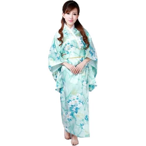 Hot sell Light blue Japanese Womens Silk Satin Kimono Yukata Evening Dress Flower Free Shipping One Size H0047