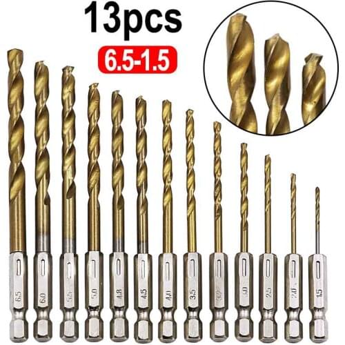 13pcs/lot HSS High Speed Steel Titanium Coated Drill Bit Set 1/4 Hex Shank 1.5-6.5mm