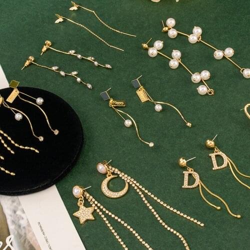 2020 New Trend Long Crystal Pearl Stars Moon Tassel Dangle Earrings for Women Wedding Geometric Drop Earing Fashion Jewelry