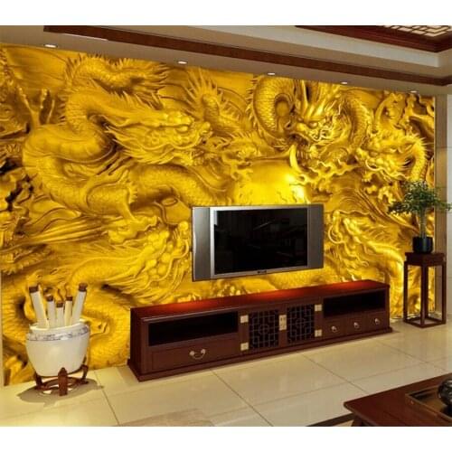 Beibehang Embossed golden dragon 3d wallpaper custom mural riches and honor peony water rocks painting photo wallpaper 3d mural