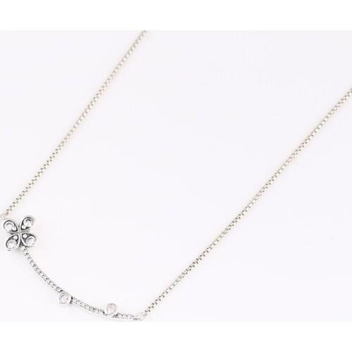 Authentic S925 Sterling Silver Four-Petal Flower With Crystal Necklace For Women Wedding Party Gift fit Lady Fine Jewelry