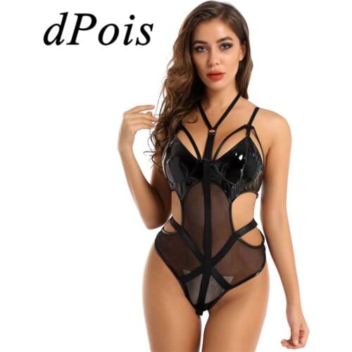 Women Patent Leather One-piece See Through Sheer Mesh Splice Bodysuits Halter Neck Cut Out Waist Female Sexy Bodysuit Clubwear