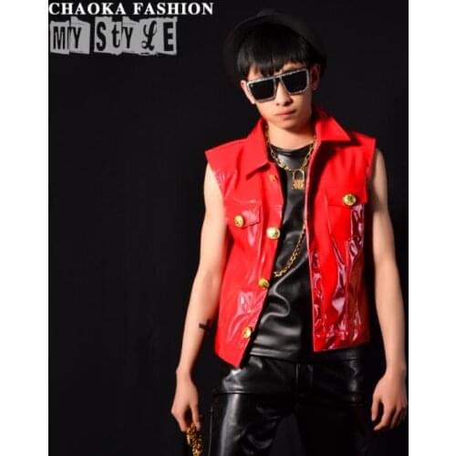 Red men vest Red patent leather clothing camiseta tirantes hombre personalized singer dance stage street star style dress