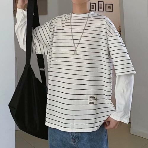 Harajuku Patchwork Fake Two Pieces Striped T-shirt Neutral Style Man Round Neck Clothes Pullover All-Match Hip Hop Streetwear