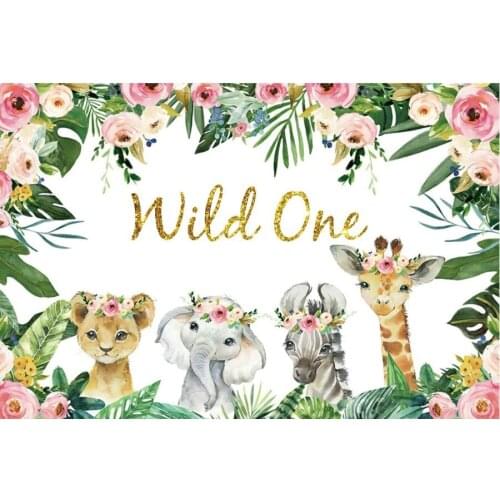 Wild One Animals and Flowers Baby Shower Backdrop Holiday Photography Background Celebration Photo Booth Studio Decor