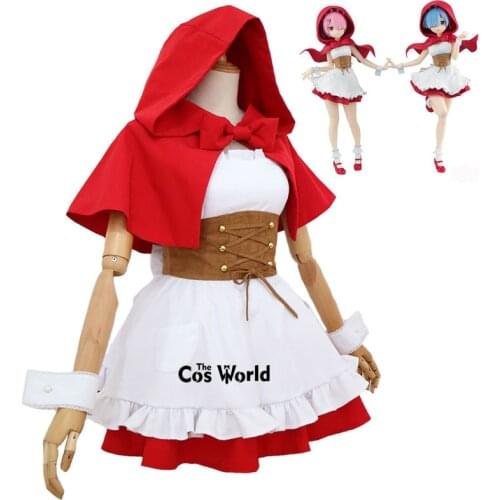Re Zero Kara Hajimeru Isekai Seikatsu Ramu RAM Remu REM Little Red Riding Hood Maid Dress Uniform Outfit Anime Cosplay Costumes