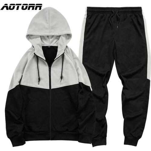 Mens Sets Hooded Zipper Long Sleeve Tops+ Elastic Waist Trousers Men Two Piece Set Korean Streetwear Tracksuit Patchwork Sets