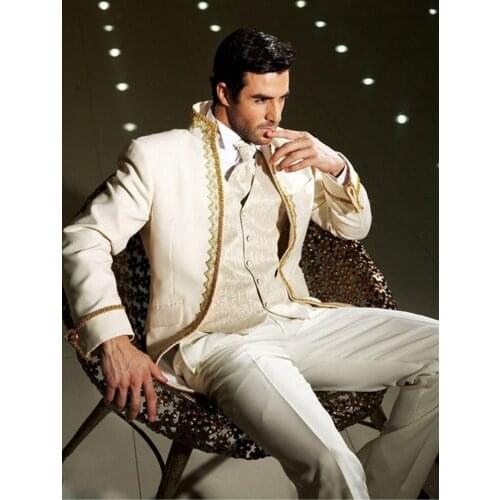 Handsome Stand Collar Mens Work Busienss Suits Customize Navy Blue Groom Tuxedos Prom Party Dress (Jacket+Pants+Vest) NO:067