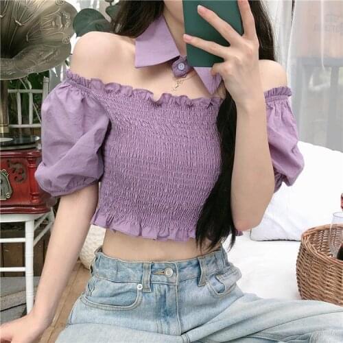 2021 Summer New Korean Style Blouse Womens Slash Short Casual Top Puff Sleeve Bow Patchwork Shirrt Sweet Clothing Korea Tops