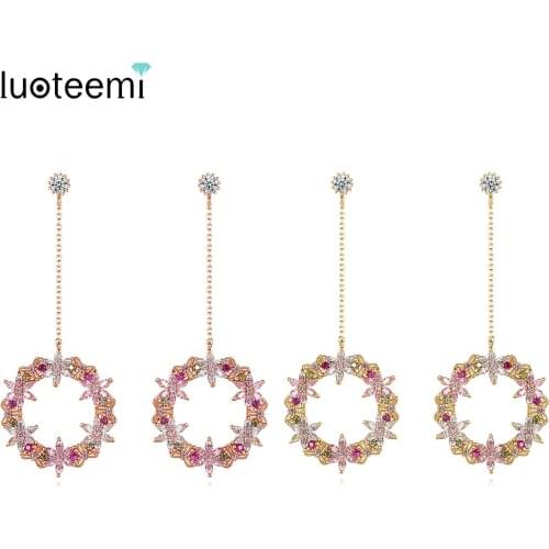 LUOTEEMI New Fashion Round Garland CZ Drop Earrings for Women Wedding Engagement Fashion Jewelry Party Cluster Orecchini Gifts