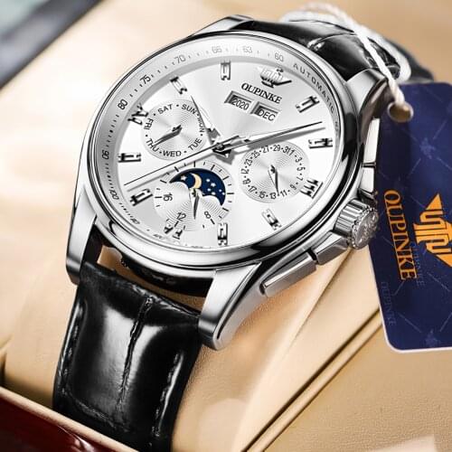 OUPINKE Men Mechanical Watch Moon Phase Luxury Automatic Watch Leather Sapphire Waterproof Sports Wristwatch Montre homme 3189