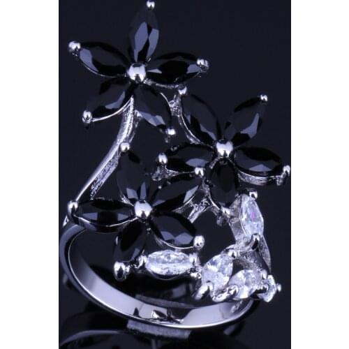 Unusual Plant Black Cubic Zirconia Silver Plated Ring V0096
