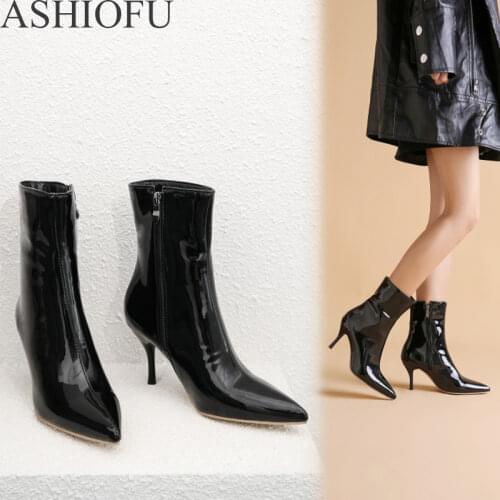 ASHIOFU New Shiney Women High Heel Boots Sexy Patent Leather Winter Boots Party Club Fashion Evening Ankle Boots Shoes