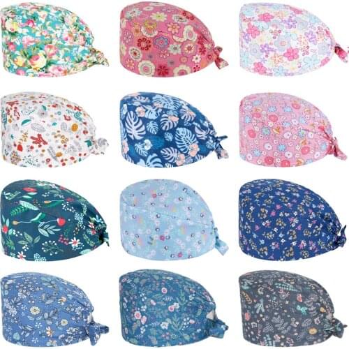 Wholesale 100% Cotton Scrub Cap Flowers Printing Adjustable Nursing Hat Beauty Salon Pet Shop Working Accessories Scrubs Hats