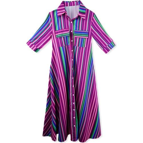 Bohemian Casual Loose Dress Womens Half Sleeve Turn-Down Collar Ladies Maxi Beach Dress Color stripe Lace Summer long Dress