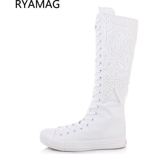 Ryamag 2021 New Womens Canvas Boots Long Boots Lace Shoes Flats Casual High Top Lace-Up Zipper Comfortable Vulcanize Sneakers