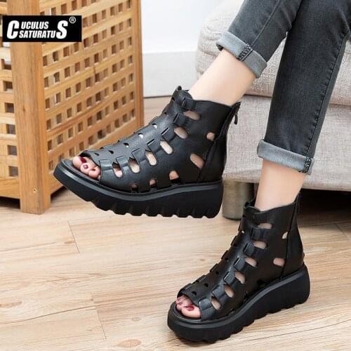 2021 Summer Woman Slides Cross-tied Flat Sandals Roman Beach Slippers Black Non-slip Genuine Leather Outdoor Shoes