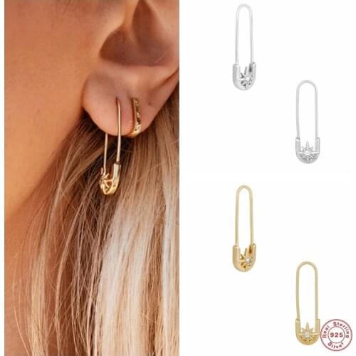 GS 925 Sterling Silver White Clear Zircon Safety Pin Long Stud Earring Valentines Day Gift Ear Studs For Women Fine Jewelry