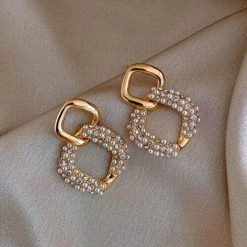 Trendy Crystal Geometric Dangle Earrings For Women Water Drop Imitation Pearl Round Tassel Earring Girl Party Engagement Jewelry