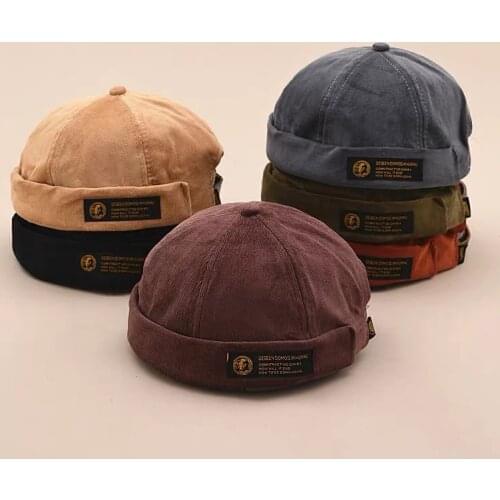 6 Colors Unisex Brimless Cap Corduroy Docker Beanie Hat Rolled Cuff Retro Skullcap for Men Women