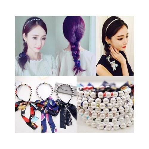 Womens clothing 1PCS bow headband pearl chiffon streamers hair band long tassel hair band ladies hair accessories