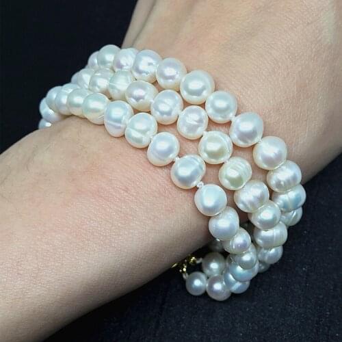 New High Quality Natural White Freshwater Pearl Round Beads 7-8,8-9mm 3 Rows Bracelet for Women Gift Jewelry 7.5inch B1523