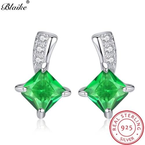 Blaike Chic Square Emerald Birthstone Stud Earrings Real 925 Sterling Silver Green Zircon Double Earrings For Women Jewelry Gift