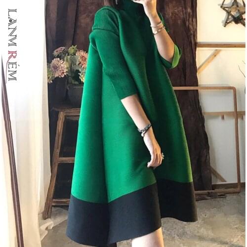 LANMREM Women Green Black Midi Long Pleated Big Size Dress New Round Neck Half Sleeve Loose Fashion Spring Summer 2021 2E1108