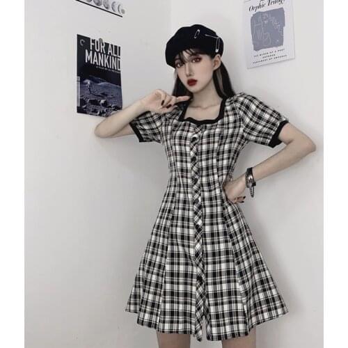 Zoki Plaid Women Mini Dress Summer Short Sleeve Elegant Square Collar Vintage Tunic Korean A Line Ladies Party High Waist Dress