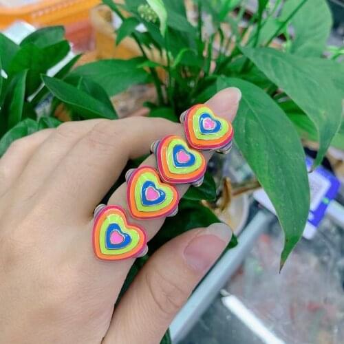 10Pcs Luxury rainbow color heart shape enamel rings, unique design cuff rings for women party jewelry