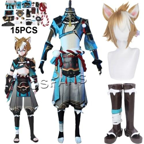 15PCS Genshin Impact Gorou Geo Bow Game Suit Gorgeous Uniform Cosplay Costume Halloween Party Role Play Outfit For Men Wig shoes