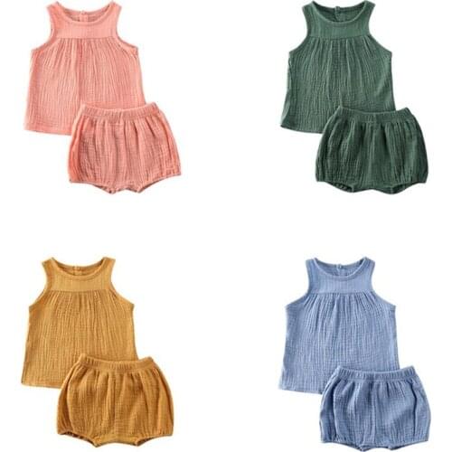 2Pcs Summer Newborn Baby Boy Girls Cotton Linen Clothes Vest Top T-shirts Shorts Solid Outfits for Age 6M-5Y