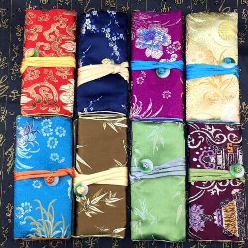 Jade Button Clutch Bag Jewelry Roll Travel Storage Silk Brocade 3 Zipper Packaging Pouch Makeup Pocket Customize 30pcs/lot