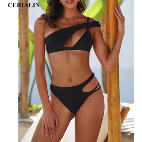 Irregular Sexy Bikini Swimwear One Shoulder Solid Women Beachwear Hollow Female Two Piece Swimming Suit High Quality Bikinis New
