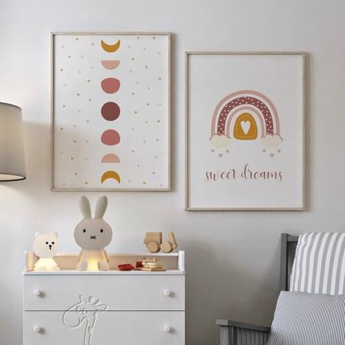 Boho Style Rainbow Moon Phase Sweet Dreams Nursey Canvas Painting Abstract Wall Art Poster Print Picture for Kids Room Home Deco