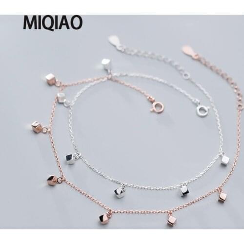 MIQIAO 925 Sterling Silver Anklets For Women Ornament Bracelet On The Leg Female Simple Glossy Small Square Fashion Foot Jewelry